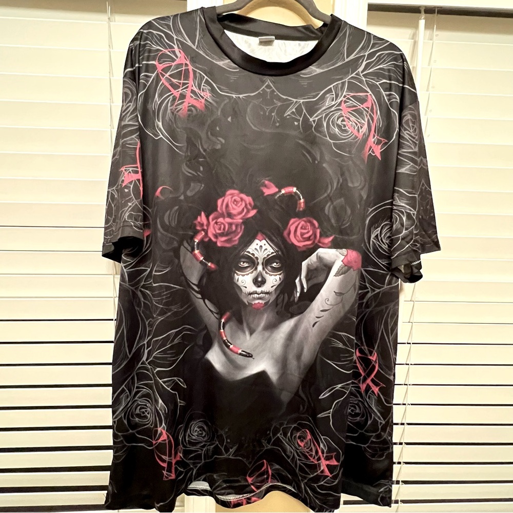 Breast Cancer Awareness Day Of The Dead Graphic Short Sleeve Shirt - Picture 1 of 5